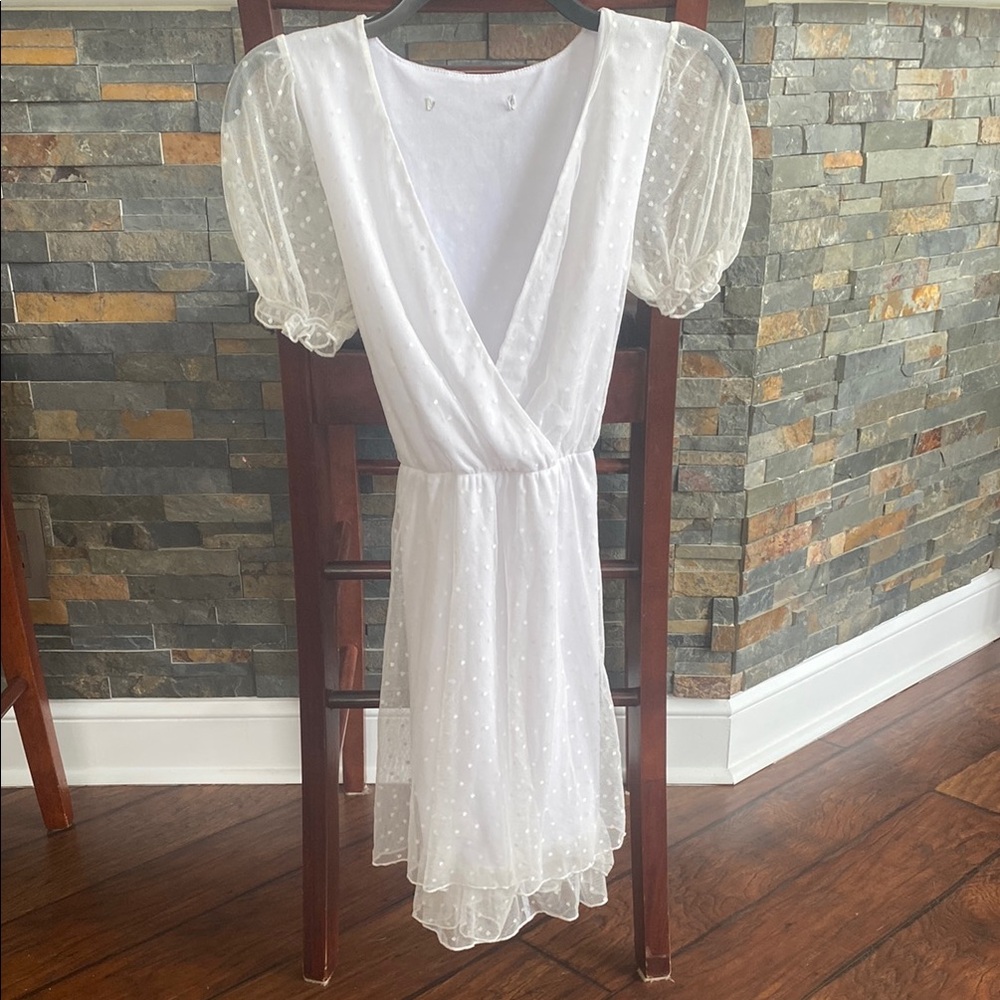 White Dress with Puff Sleeves and Polka Dots